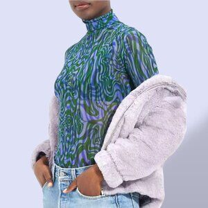 PSC green purple groovy psychedelic trippy turtle neck mesh top women's S